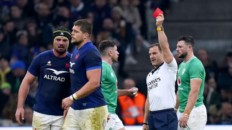 France lock forward Paul Willemse was red carded for committing two yellow card offences - a very rare occurrence
